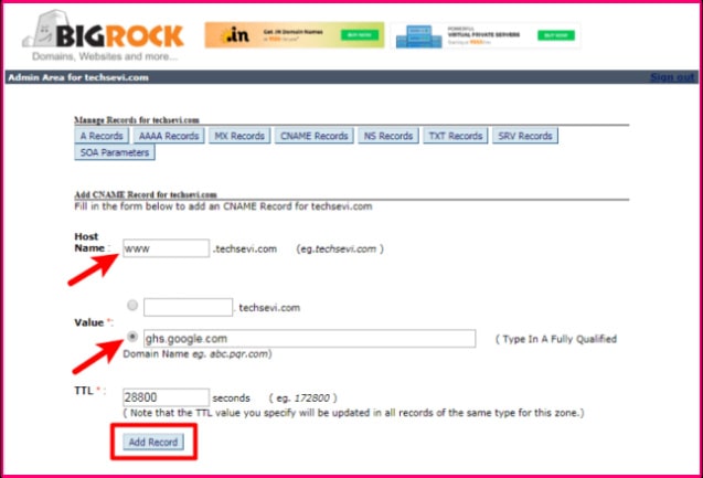 Add-CNAME-Records-On-Bigrock